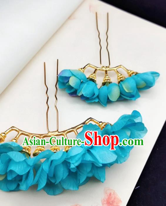 Chinese Ming Dynasty Princess Blue Silk Flowers Hair Stick Handmade Hair Accessories Hanfu Ancient Palace Lady Hairpins