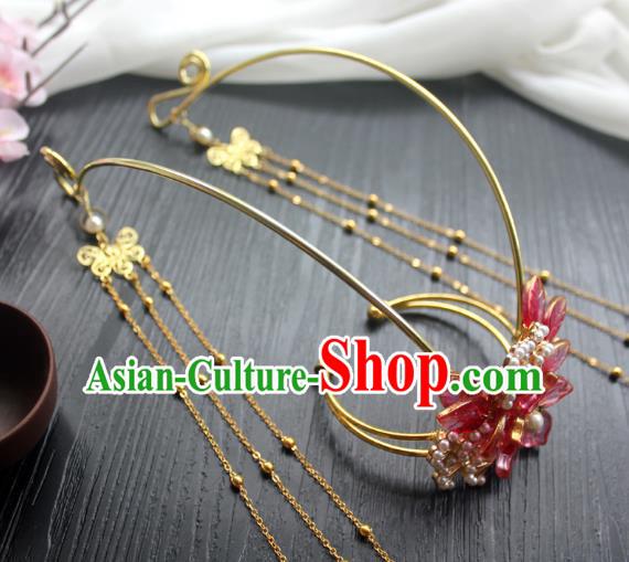 Chinese Classical Golden Pine Hair Crown Handmade Hanfu Hair Accessories Ancient Ming Dynasty Peach Blossom Tassel Hairpins
