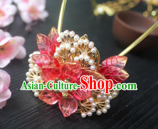 Chinese Classical Golden Pine Hair Crown Handmade Hanfu Hair Accessories Ancient Ming Dynasty Peach Blossom Tassel Hairpins