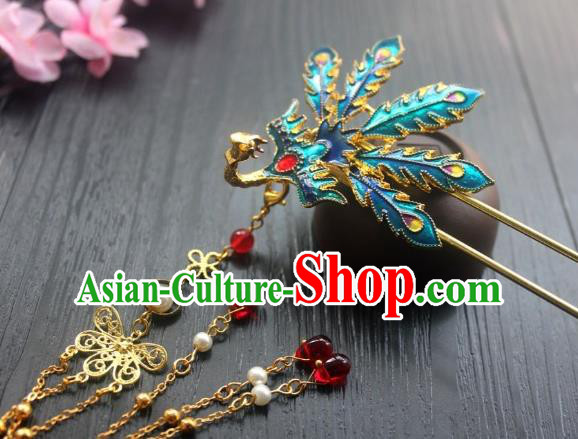 Chinese Classical Blueing Peacock Hair Stick Handmade Hanfu Hair Accessories Ancient Ming Dynasty Court Golden Tassel Hairpins