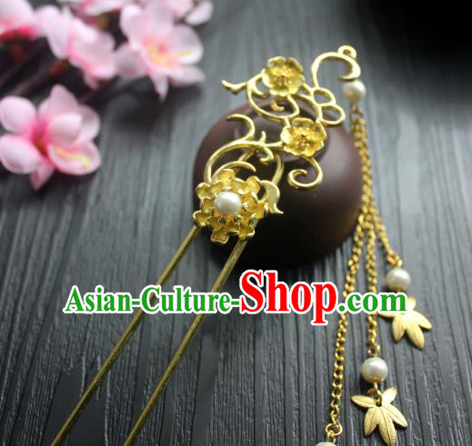 Chinese Classical Golden Plum Blossom Hair Stick Handmade Hanfu Hair Accessories Ancient Jin Dynasty Court Tassel Hairpins