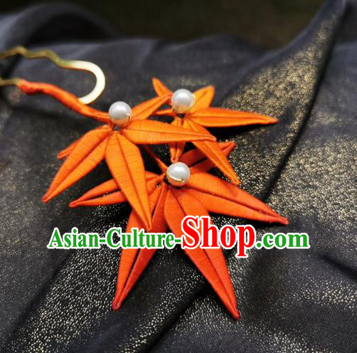Chinese Classical Red Silk Maple Leaf Hair Stick Handmade Hanfu Hair Accessories Ancient Song Dynasty Court Hairpins