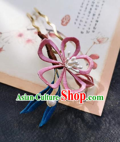 Chinese Classical Pink Silk Flower Hair Stick Handmade Hanfu Hair Accessories Ancient Song Dynasty Court Peach Blossom Hairpins