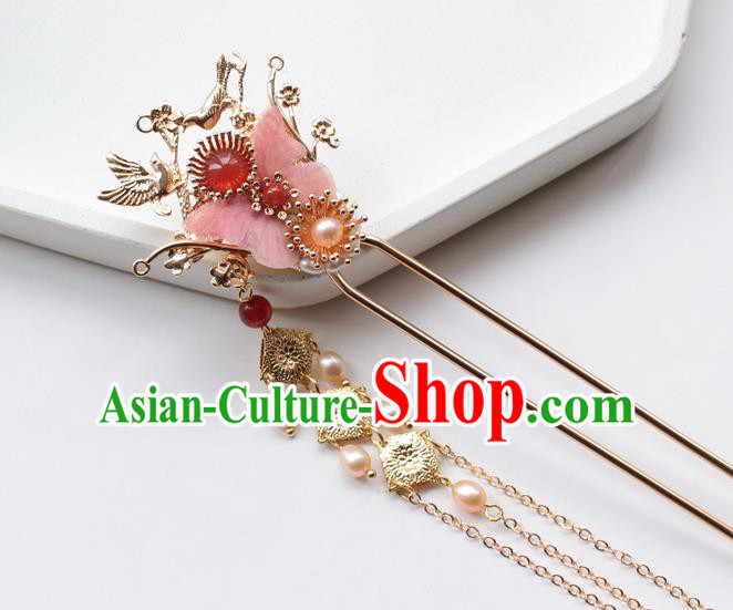 Chinese Classical Pink Silk Butterfly Hair Stick Handmade Hanfu Hair Accessories Ancient Ming Dynasty Princess Golden Hairpins