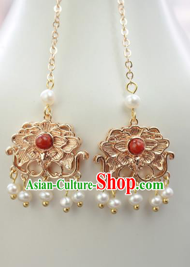 Chinese Handmade Pearls Tassel Earrings Classical Jewelry Accessories Hanfu Ming Dynasty Golden Eardrop