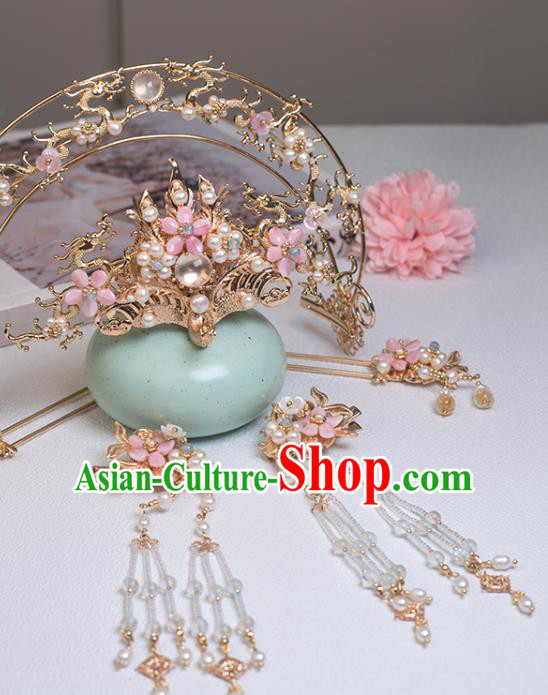 Chinese Classical Court Golden Dragon Hair Crown Handmade Hanfu Hair Accessories Ancient Song Dynasty Princess Pearls Hairpins