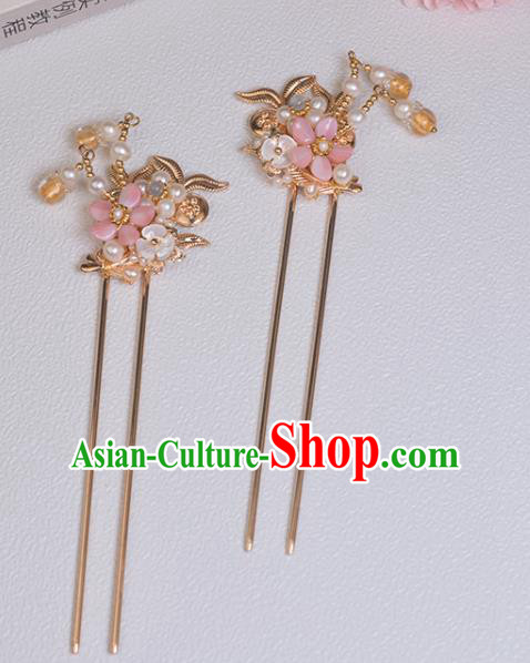 Chinese Classical Court Pink Plum Hair Stick Handmade Hanfu Hair Accessories Ancient Song Dynasty Princess Pearls Golden Hairpins