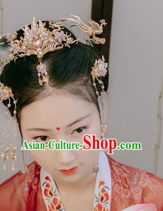 Chinese Classical Court Pearls Hair Crown Handmade Hanfu Hair Accessories Ancient Song Dynasty Princess Pearls Golden Phoenix Hairpins