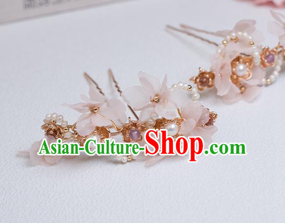 Chinese Classical Court Pearls Hair Stick Handmade Hanfu Hair Accessories Ancient Ming Dynasty Princess Pink Silk Flowers Hairpins