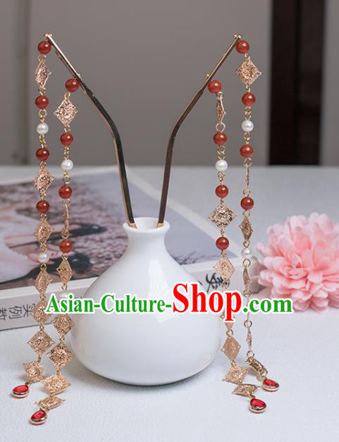 Chinese Classical Court Agate Beads Tassel Hair Stick Handmade Hanfu Hair Accessories Ancient Ming Dynasty Empress Golden Hairpins
