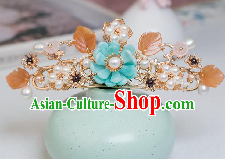 Chinese Classical Court Blue Flower Hair Comb Handmade Hanfu Hair Accessories Ancient Ming Dynasty Empress Pearls Hairpins Hair Crown