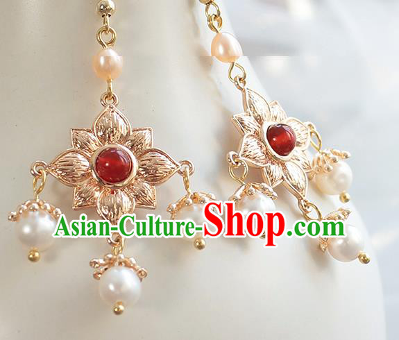 Chinese Handmade Golden Lotus Earrings Classical Jewelry Accessories Hanfu Ming Dynasty Princess Pearl Eardrop