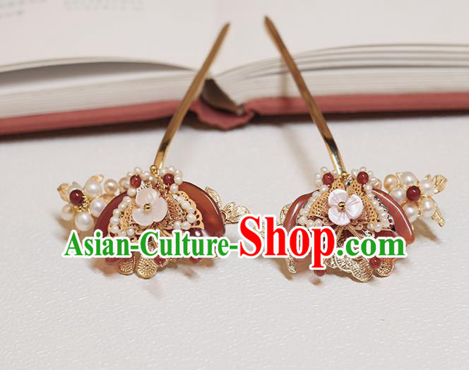 Chinese Classical Court Agate Butterfly Hair Stick Handmade Hanfu Hair Accessories Ancient Ming Dynasty Princess Pearls Hairpins
