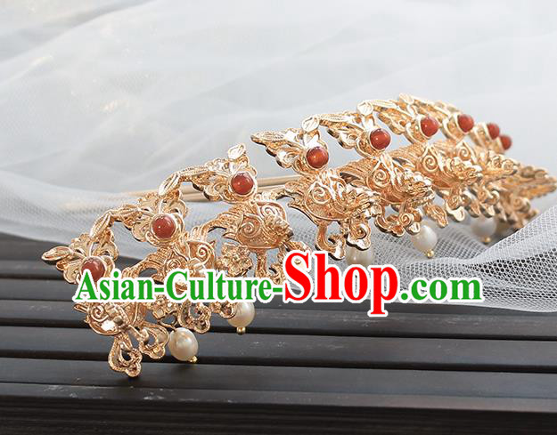 Chinese Classical Pearls Tassel Hair Crown Handmade Hanfu Hair Accessories Ancient Ming Dynasty Empress Golden Dragons Hairpins