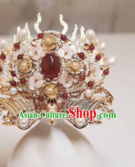 Chinese Classical Court Golden Phoenix Hair Crown Handmade Hanfu Hair Accessories Ancient Ming Dynasty Princess Agate Pearls Hairpins
