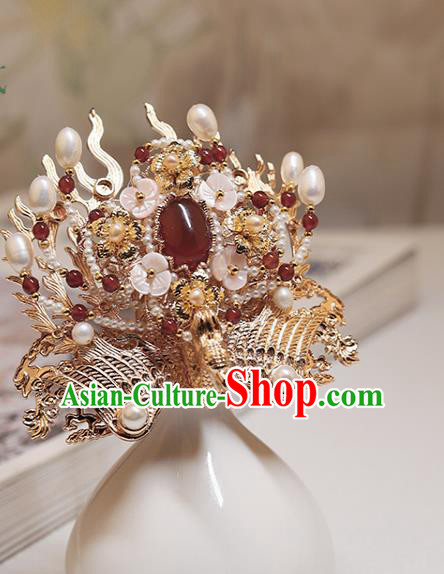Chinese Classical Court Golden Phoenix Hair Crown Handmade Hanfu Hair Accessories Ancient Ming Dynasty Princess Agate Pearls Hairpins