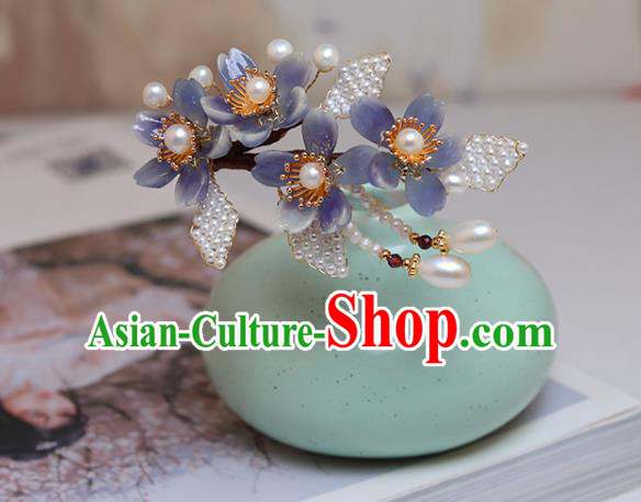 Chinese Classical Court Purple Sakura Hair Sticks Handmade Hanfu Hair Accessories Ancient Ming Dynasty Princess Pearls Hairpins