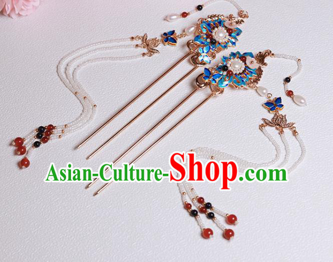 Chinese Classical Court Blueing Lotus Hair Stick Handmade Hanfu Hair Accessories Ancient Ming Dynasty Empress Pearls Tassel Hairpins
