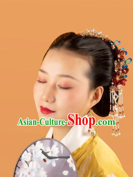 Chinese Classical Court Red Flowers Hair Crown Handmade Hanfu Hair Accessories Ancient Ming Dynasty Empress Pearls Tassel Hairpins Hair Clasp