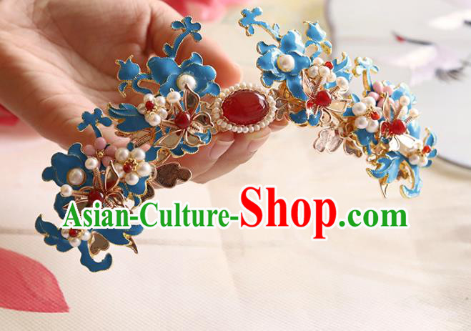 Chinese Classical Court Queen Blueing Hair Crown Handmade Hanfu Hair Accessories Ancient Ming Dynasty Empress Agate Pearls Hairpins