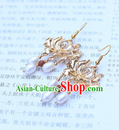 Chinese Handmade Pearls Tassel Earrings Classical Ear Accessories Hanfu Ming Dynasty Princess Golden Lotus Eardrop