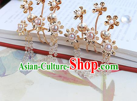 Chinese Classical Palace Beads Tassel Hair Stick Handmade Hanfu Hair Accessories Ancient Ming Dynasty Princess Golden Plum Hairpins