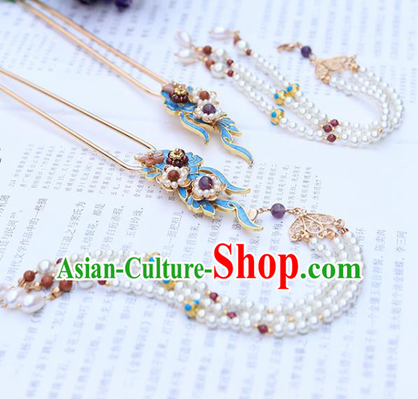 Chinese Classical Palace Blueing Agate Hair Stick Handmade Hanfu Hair Accessories Ancient Ming Dynasty Princess Pearls Tassel Hairpins
