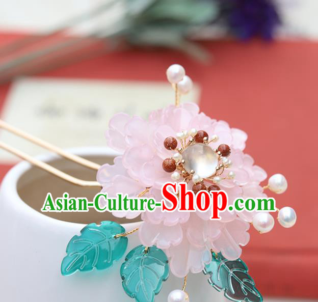 Chinese Classical Palace Pink Peony Hair Stick Handmade Hanfu Hair Accessories Ancient Ming Dynasty Princess Chalcedony Hairpins