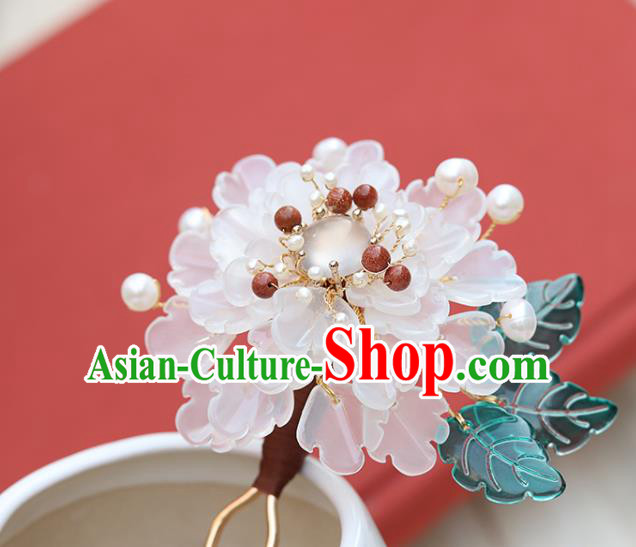 Chinese Classical Palace White Peony Hair Stick Handmade Hanfu Hair Accessories Ancient Ming Dynasty Princess Chalcedony Hairpins