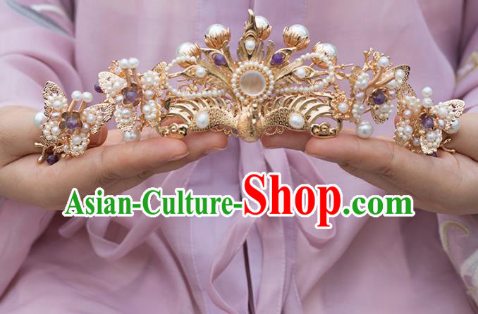 Chinese Classical Palace Pearls Butterfly Hair Crown Handmade Hanfu Hair Accessories Ancient Ming Dynasty Empress Golden Phoenix Hairpins