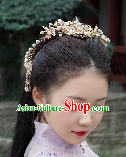 Chinese Classical Palace Pearls Butterfly Hair Crown Handmade Hanfu Hair Accessories Ancient Ming Dynasty Empress Golden Phoenix Hairpins
