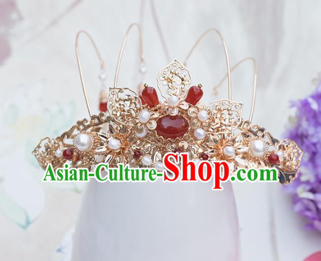 Chinese Classical Palace Golden Tassel Hair Crown Handmade Hanfu Hair Accessories Ancient Ming Dynasty Empress Agate Pearls Hairpins