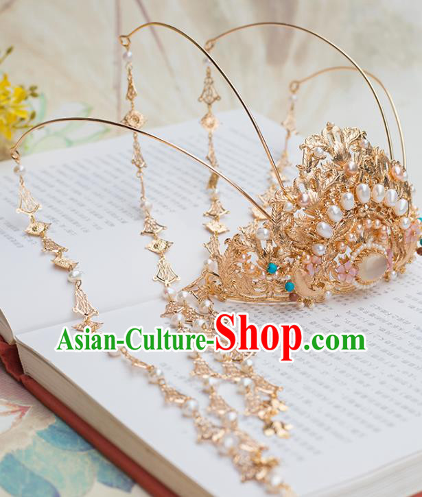 Chinese Classical Palace Pearls Golden Tassel Hair Crown Handmade Hanfu Hair Accessories Ancient Ming Dynasty Empress Pink Chalcedony Hairpins