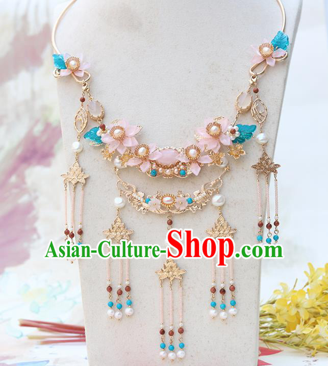 Chinese Handmade Golden Lotus Tassel Necklet Classical Jewelry Accessories Ancient Ming Dynasty Princess Hanfu Pink Flowers Necklace for Women