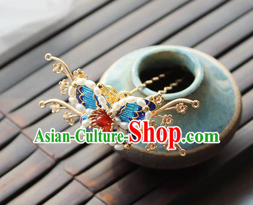 Chinese Classical Pearls Golden Hair Crown Handmade Hanfu Hair Accessories Ancient Ming Dynasty Empress Blueing Butterfly Hairpins