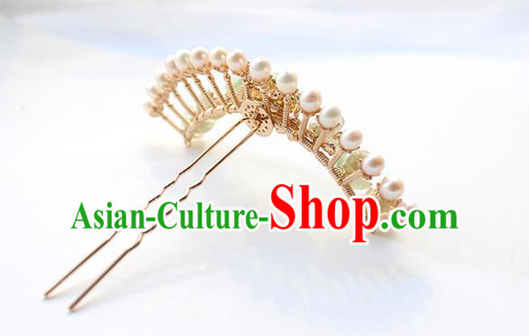 Chinese Classical Green Plum Hair Crown Handmade Hanfu Hair Accessories Ancient Ming Dynasty Empress Pearls Golden Hairpins