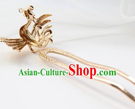 Chinese Classical Golden Phoenix Hair Stick Handmade Hanfu Hair Accessories Ancient Ming Dynasty Empress Tassel Hairpins
