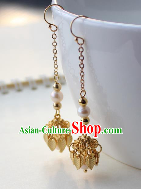 Chinese Handmade Golden Leaf Tassel Earrings Classical Jewelry Accessories Hanfu Ming Dynasty Princess Pearls Eardrop