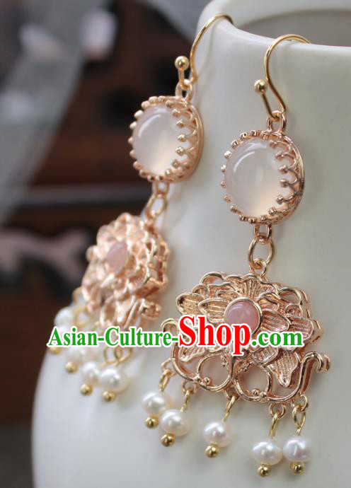 Chinese Handmade Golden Peony Earrings Classical Jewelry Accessories Hanfu Ming Dynasty Princess Pearls Tassel Eardrop