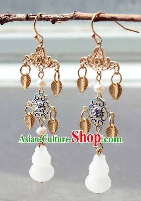 Chinese Handmade Jade Calabash Earrings Classical Jewelry Accessories Hanfu Ming Dynasty Princess Golden Leaf Tassel Eardrop