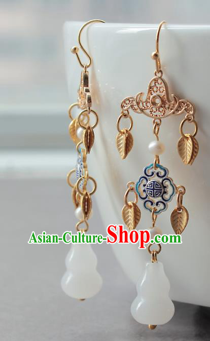 Chinese Handmade Jade Calabash Earrings Classical Jewelry Accessories Hanfu Ming Dynasty Princess Golden Leaf Tassel Eardrop