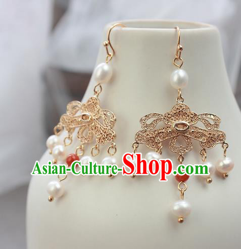 Chinese Handmade Golden Earrings Classical Jewelry Accessories Hanfu Ming Dynasty Princess Pearls Tassel Eardrop