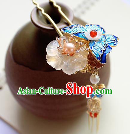 Chinese Classical Blueing Butterfly Tassel Hair Stick Handmade Hanfu Hair Accessories Ancient Ming Dynasty Empress Jade Pearls Hairpins