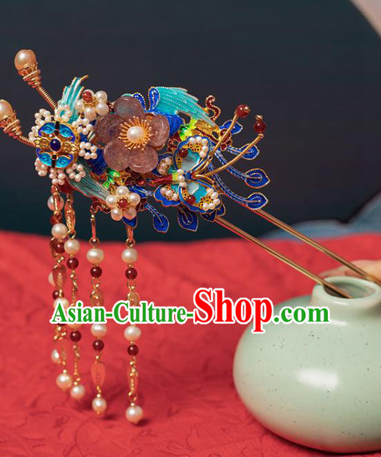 Chinese Classical Blueing Phoenix Hair Stick Tassel Step Shake Handmade Hanfu Hair Accessories Ancient Ming Dynasty Palace Plum Hairpins