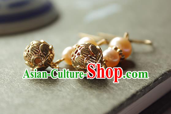 Chinese Handmade Pearls Earrings Classical Jewelry Accessories Hanfu Ming Dynasty Princess Golden Lotus Eardrop