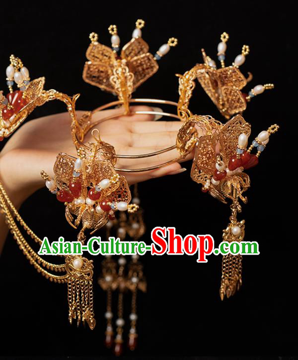 Chinese Classical Golden Tassel Hair Crown Handmade Hanfu Hair Accessories Ancient Tang Dynasty Empress Hairpins Agate Phoenix Coronet