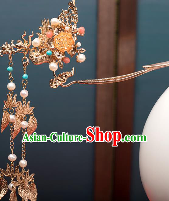Chinese Classical Golden Lotus Tassel Hair Stick Handmade Hanfu Hair Accessories Ancient Ming Dynasty Empress Phoenix Hairpins