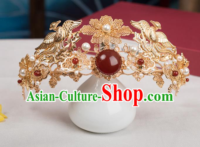 Chinese Classical Agate Golden Hair Crown Handmade Hanfu Hair Accessories Ancient Ming Dynasty Princess Hairpins