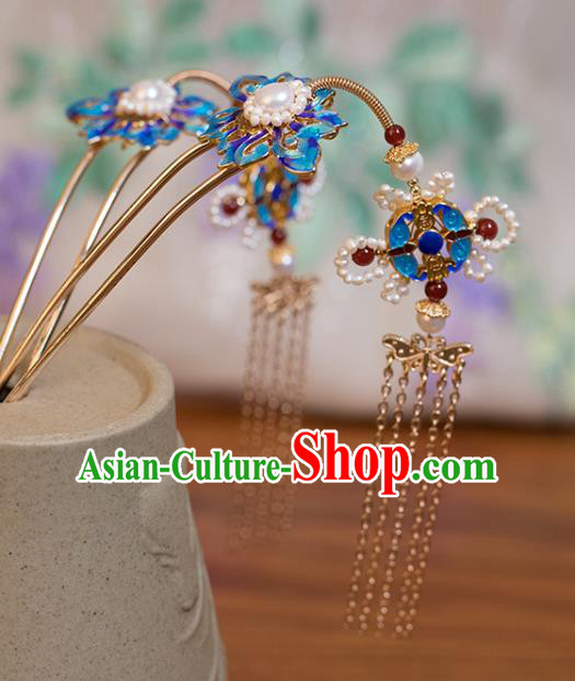 Chinese Classical Blueing Hair Comb Handmade Hanfu Hair Accessories Ancient Ming Dynasty Princess Golden Tassel Pearls Hairpins