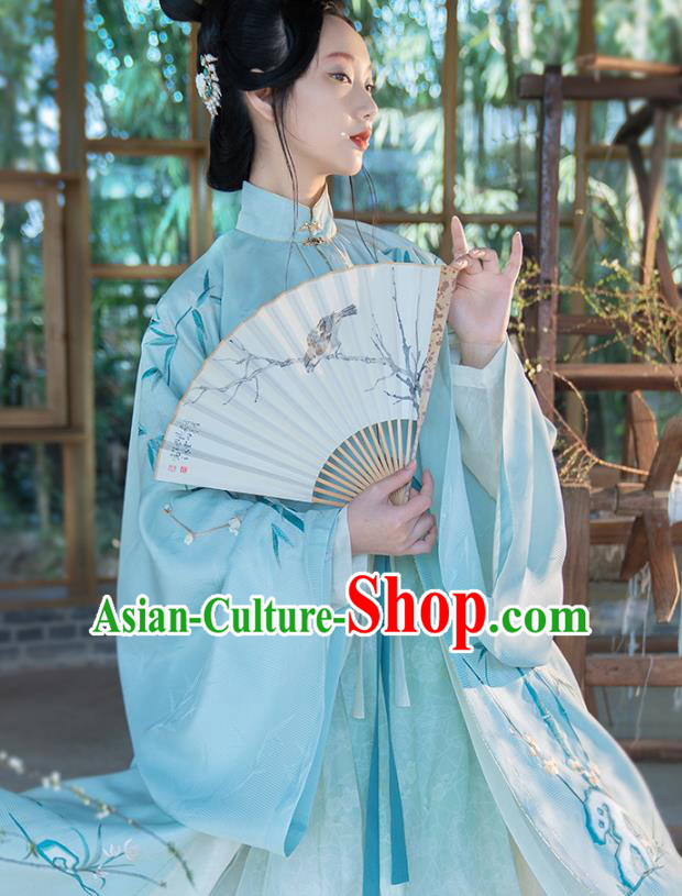 Chinese Ancient Princess Hanfu Dress Traditional Embroidered Blue Long Gown and Skirt Ming Dynasty Noble Lady Historical Costumes Complete Set